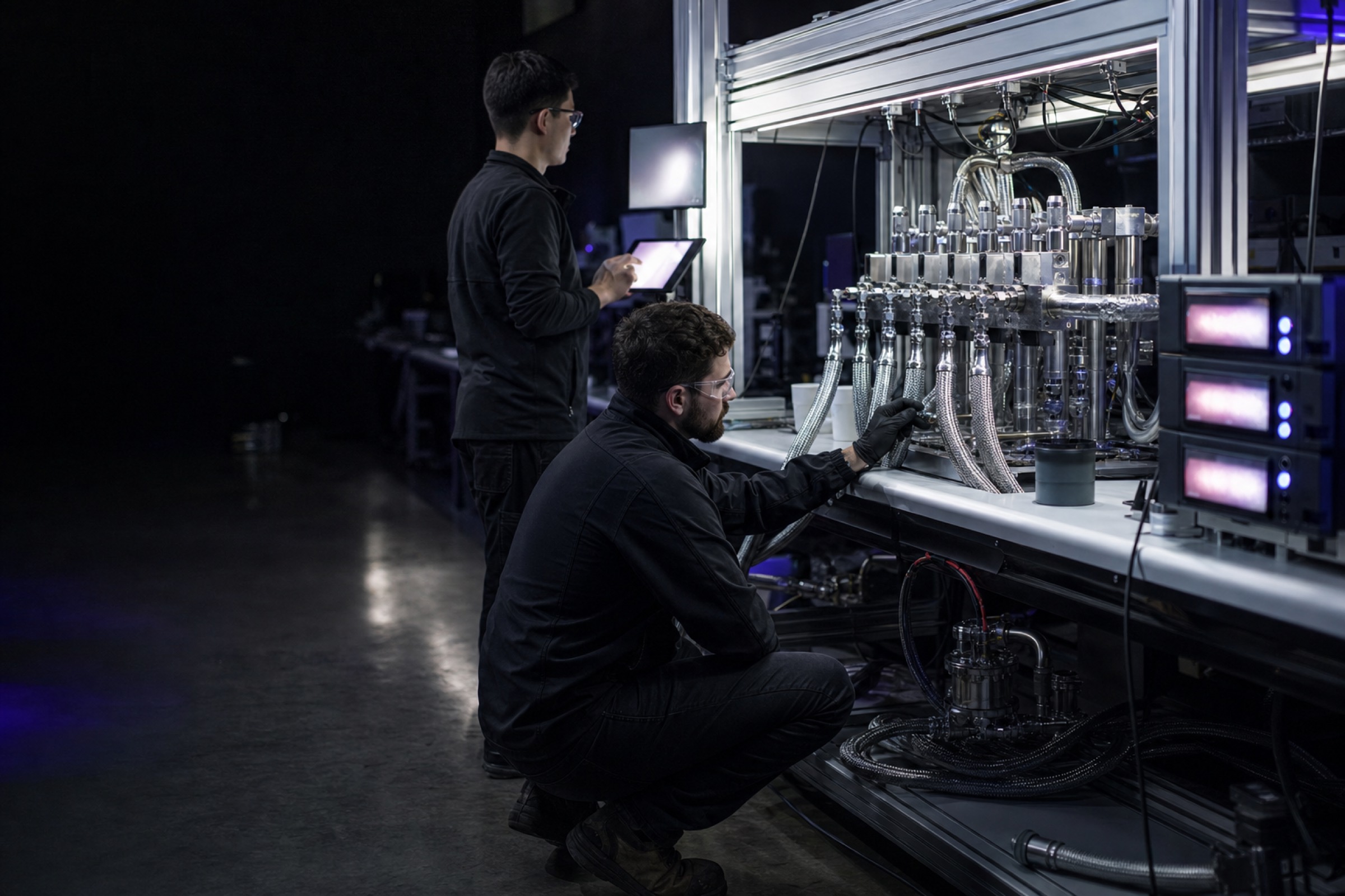 Two engineers pressure testing a stainless cooling manifold on a test bench in a dark modern facility, one crouched with a gloved hand on a fitting, the other standing with a tablet, digital instrument readouts glowing beside them
