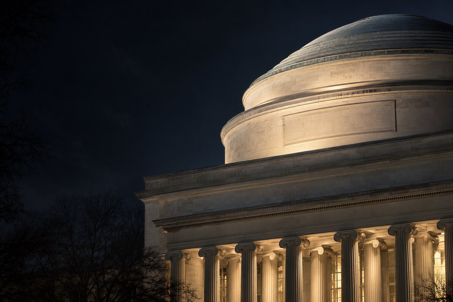 The Great Dome of MIT at night, its limestone lit warm against a dark sky above the columns of Building 10