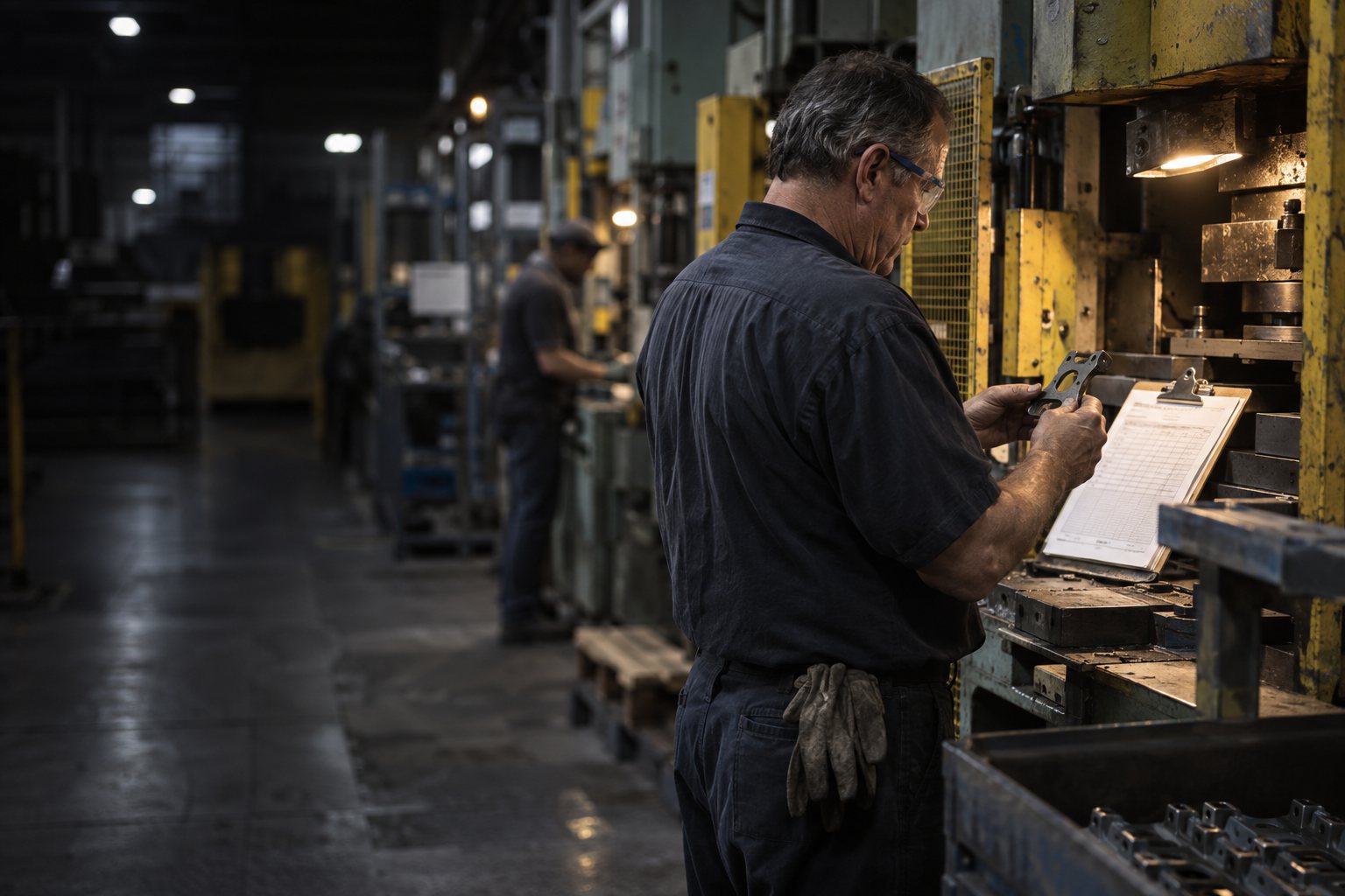 A machine operator at a press checking a small stamped steel part against a paper sheet on a clipboard