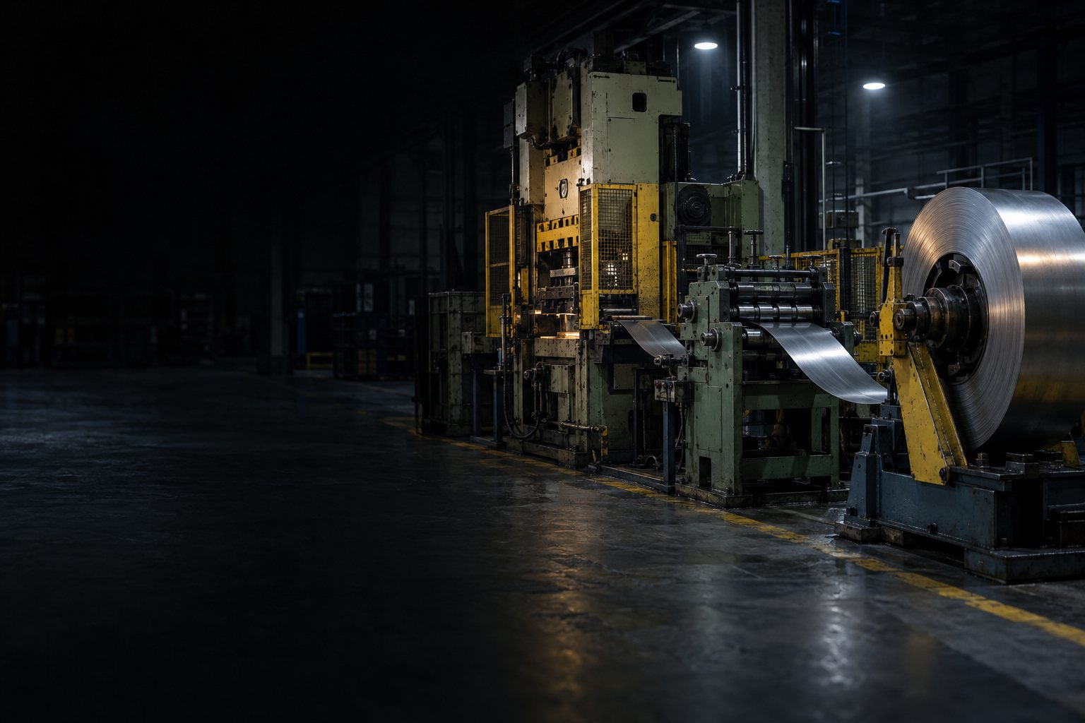 A coil fed stamping press line in a metal stamping plant at night, a bright steel coil feeding strip through a straightener into a guarded press