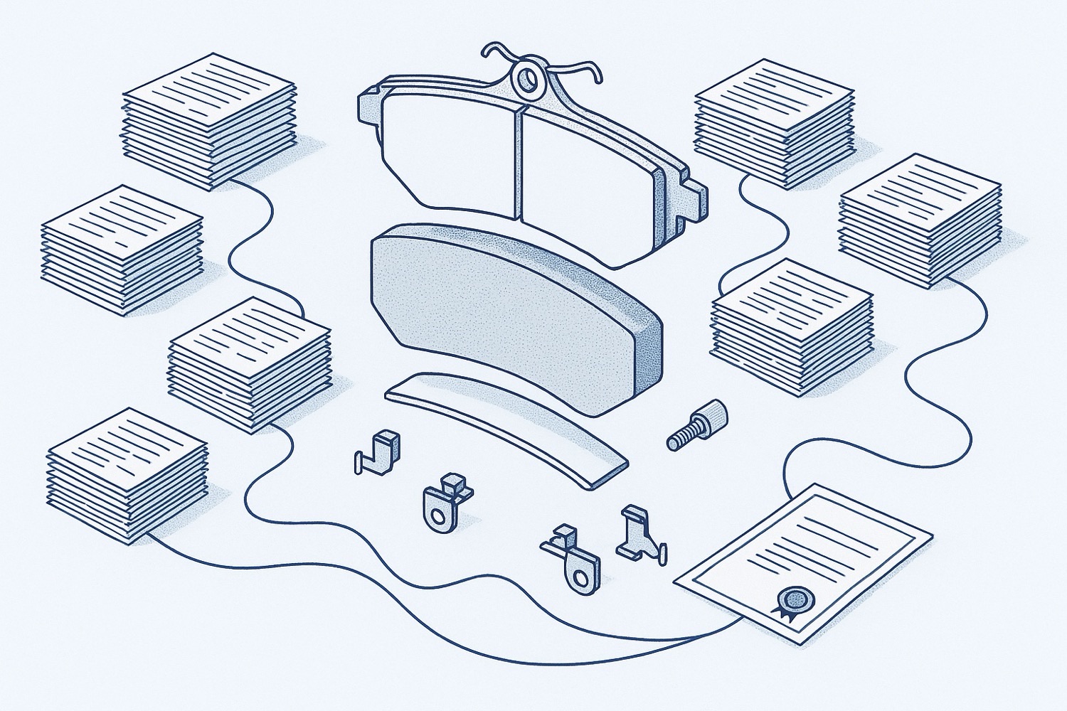 Drawn illustration of a brake pad taken apart, its backing plate, friction block, shim and hardware, each part beside its own stack of paper certificates, all threading into one sealed record