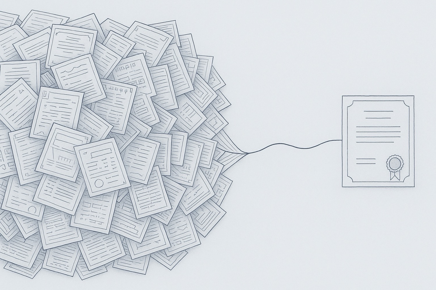 Drawn illustration: a pile of many different supplier documents resolving through one thread into a single sealed record