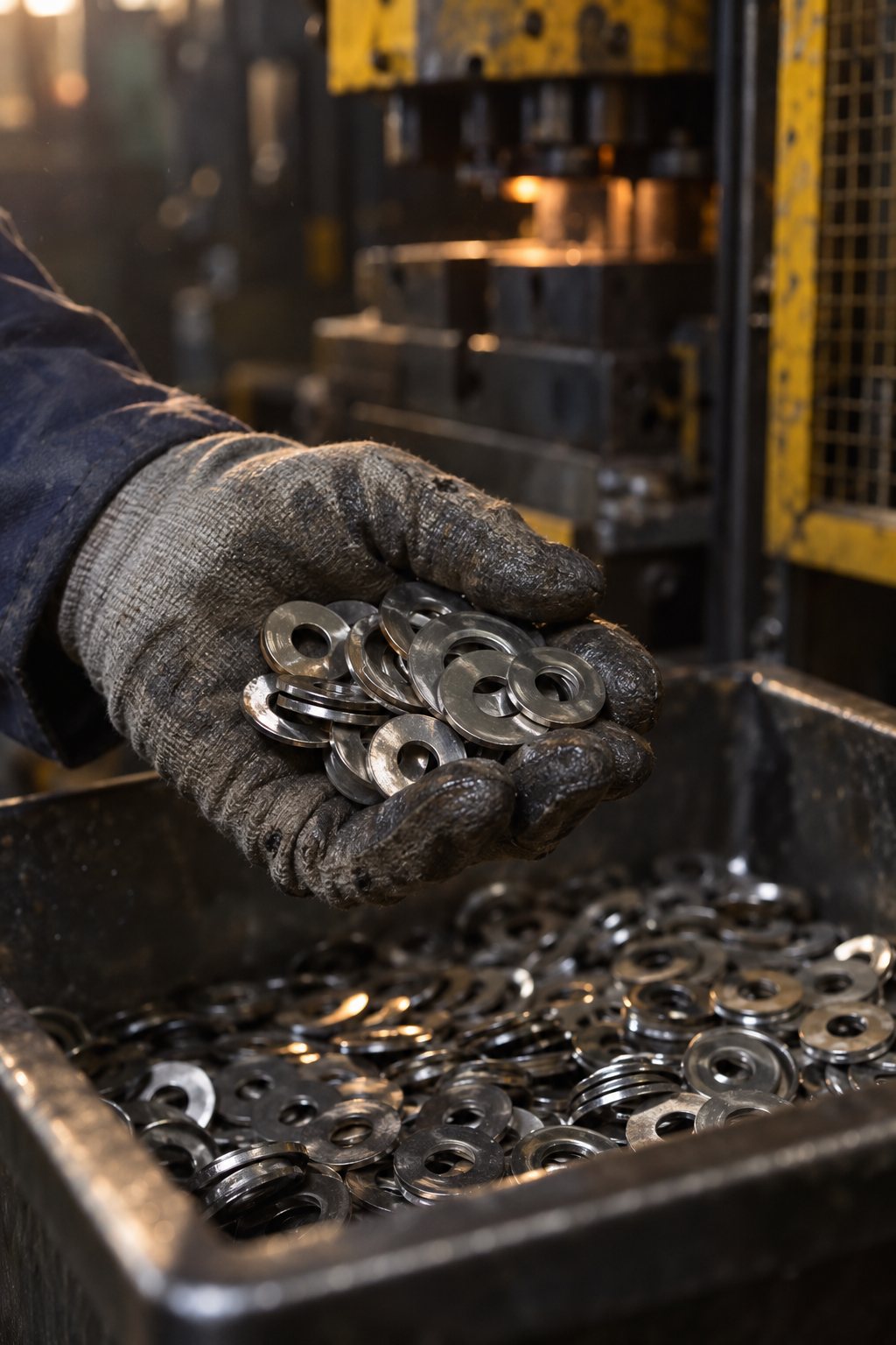 A gloved hand holding a few freshly stamped steel washers above a bin of the same parts